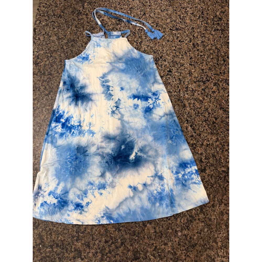Wildflower Blue White Tie Dye Halter Tassel Mini Dress Small